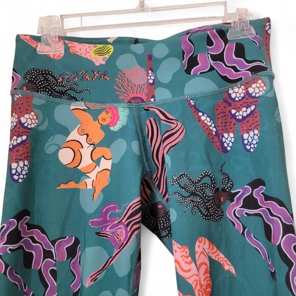 Pitaya Size M Teal Green with Abstract Ladies Graphic Yoga Leggings - Picture 2 of 11